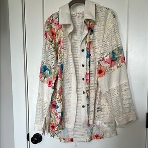 POL Cream and Floral Mesh Shirt Shacket Large